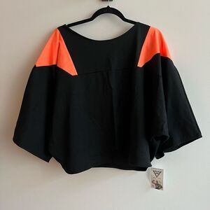 NWT - Retro Flutter Sleeve Bat Sleeve Black Cropped Shirt w/ Neon Orange Patch -